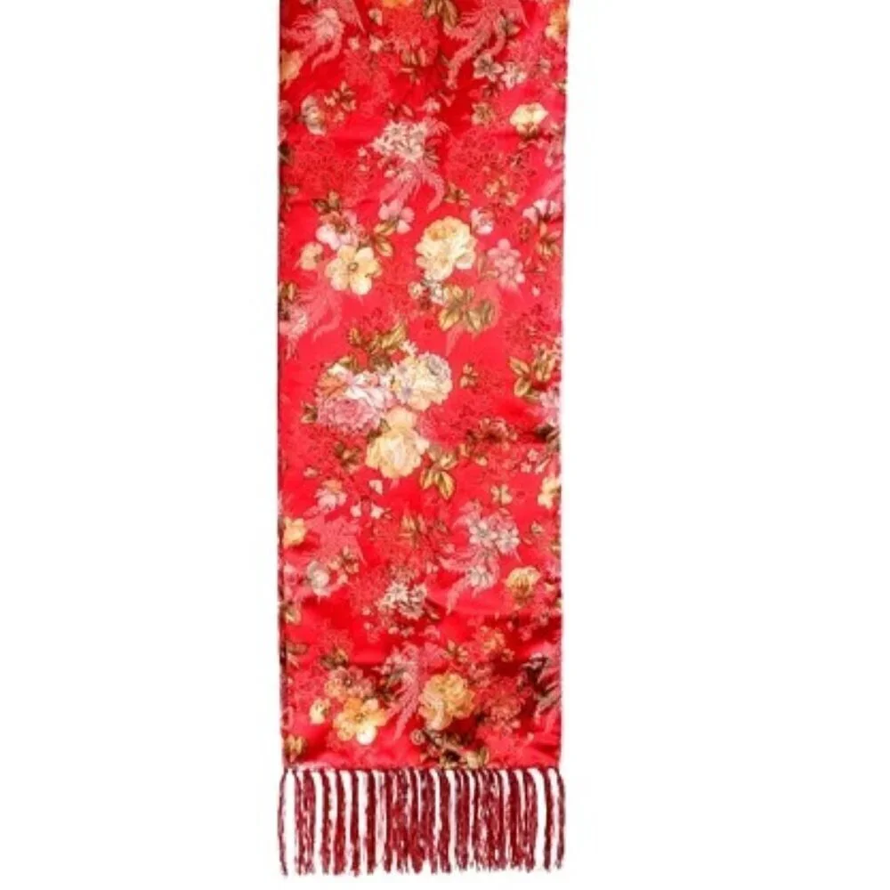 Chinese Red Floral Brocade Fringed Table Runner